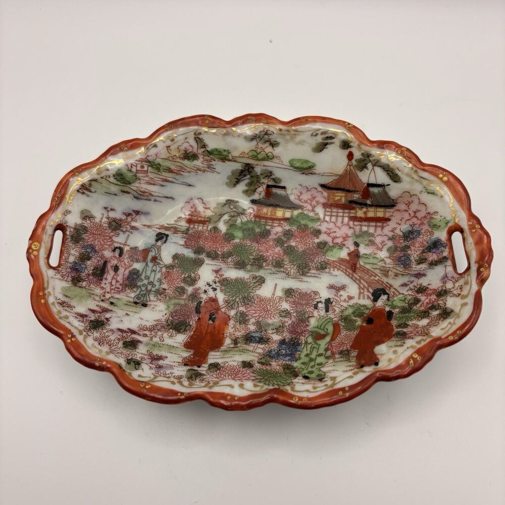 Vintage Kutani Japanese Geisha Porcelain Trinket Dish